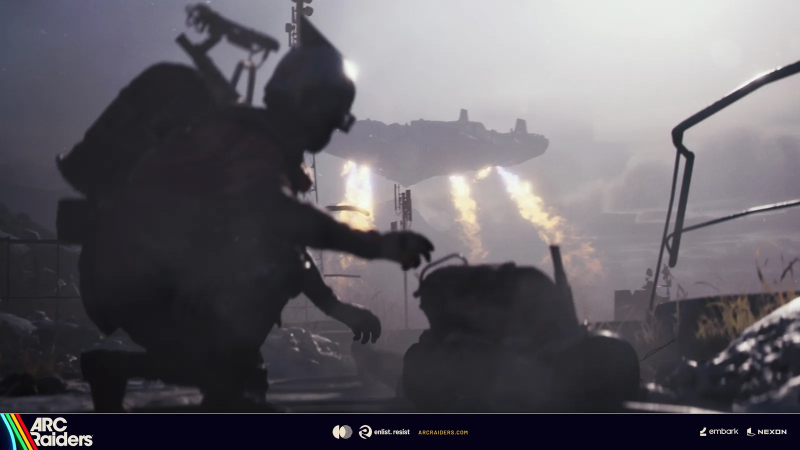 ARC Raiders screenshot: a Raider crouches in the foreground as the ARC Frigate flies overhead