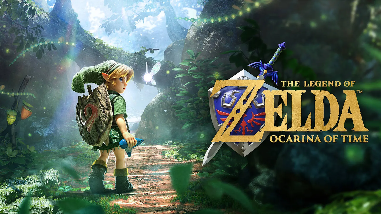 Key art for The Legend of Zelda: Ocarina of Time on Nintendo Switch 2, showing young Link with Navi in a forest