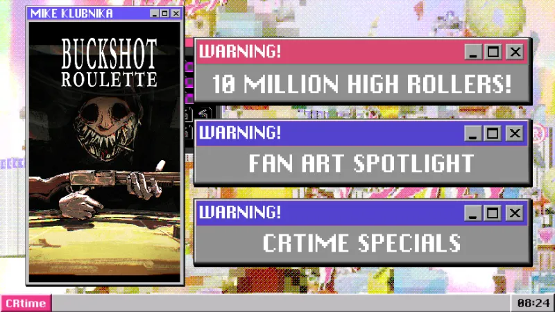Buckshot Roulette cover art of the grinning Dealer holding a shotgun beside retro warning windows reading 10 Million High Rollers, Fan Art Spotlight and CRtime Specials