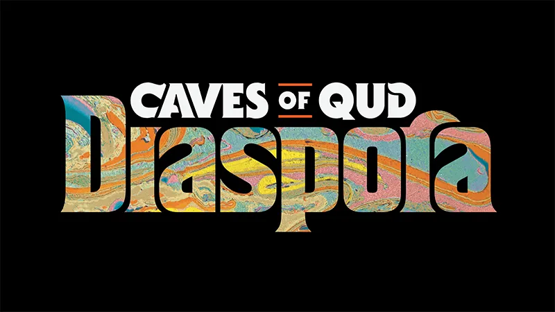 Caves of Qud: Diaspora logo with marbled, multicoloured lettering on a black background