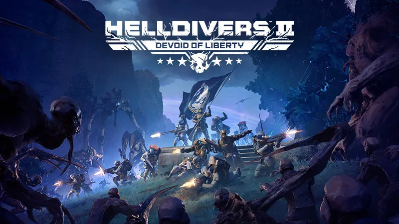Key art of armoured Helldivers firing at insect-like enemies under a flag, with the Helldivers II Devoid of Liberty logo above