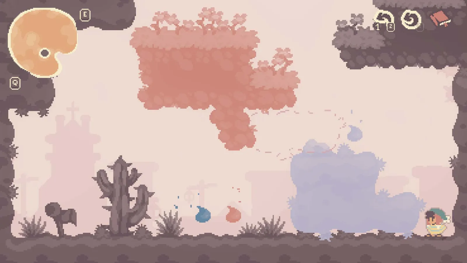 Colorbound gameplay screenshot with pastel platforms, a cactus and a color palette in the corner