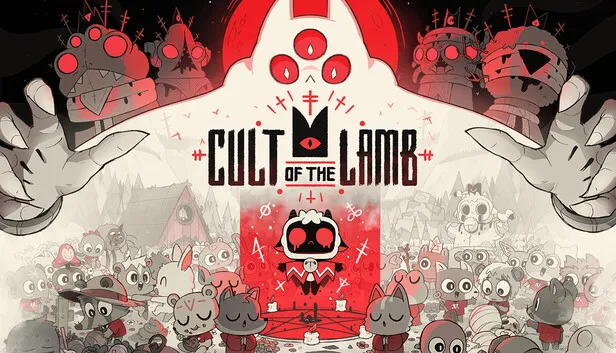 Cult of the Lamb key art: the Lamb stands at the center of a crowd of cult followers under a giant pale deity