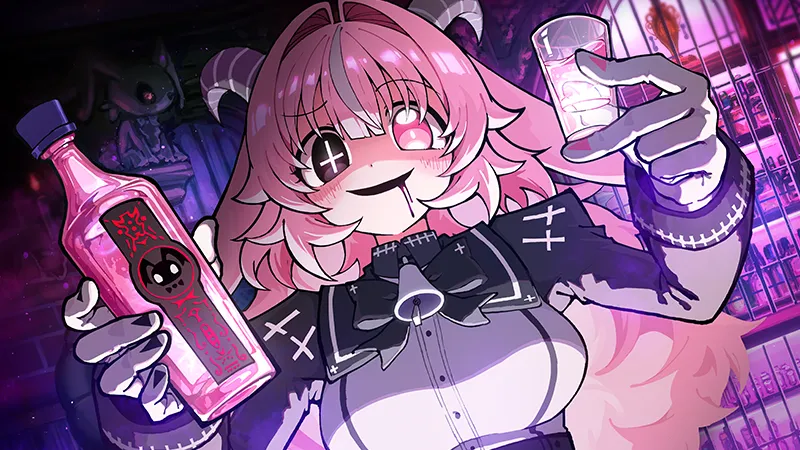 Drunken Goddess Reflux artwork of a horned, pink-haired demon girl holding a bottle and a shot glass