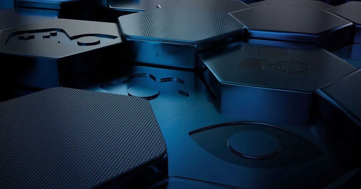 Epic Online Services header art for the EAC Linux v2 announcement: dark hexagonal tiles engraved with controller, crosshair and eye icons