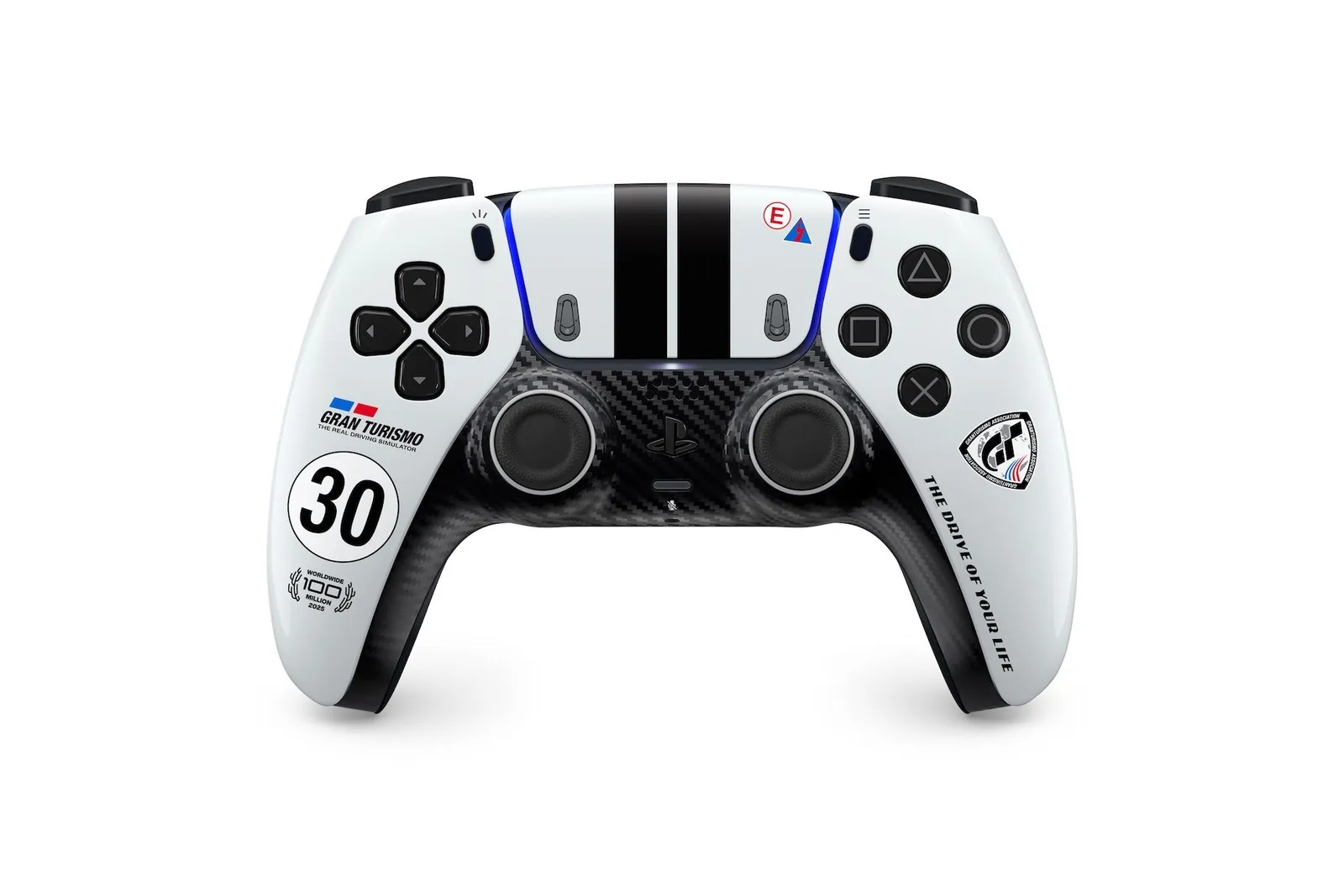 The DualSense Wireless Controller – Gran Turismo Limited Edition in white with black racing stripes, a carbon-fibre-style front and a number 30 decal