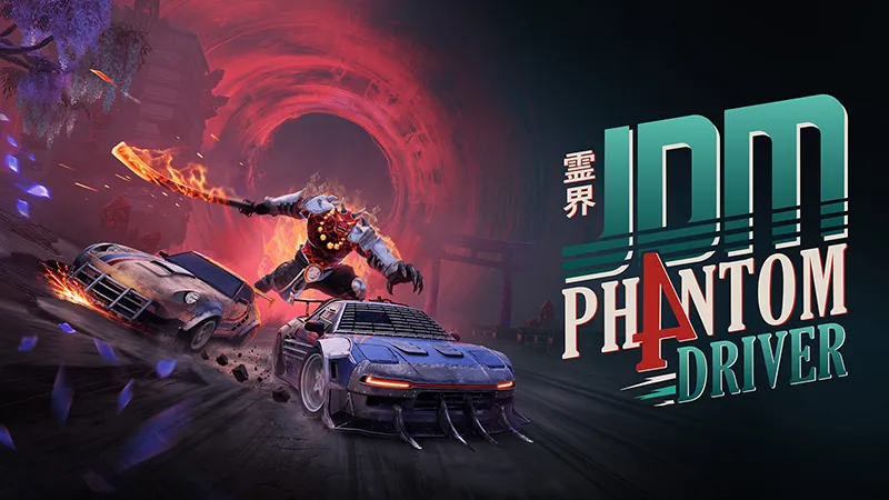 JDM: Ph4ntom Driver key art: an oni with a flaming sword leaps over two battered JDM cars racing out of a red spirit portal, next to the game's logo