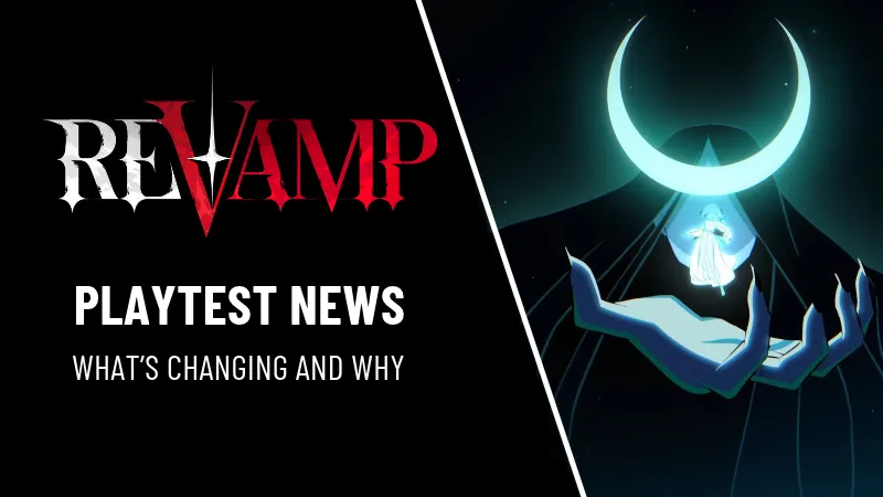 ReVamp playtest news banner: the game's red and white logo beside a glowing crescent moon above a clawed hand holding a small figure