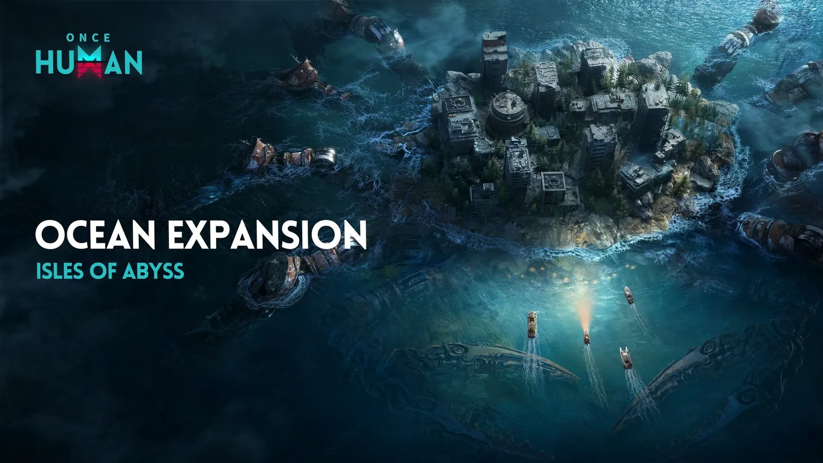 Once Human key art for the Isles of Abyss ocean expansion, showing a ruined island city and small boats on dark water