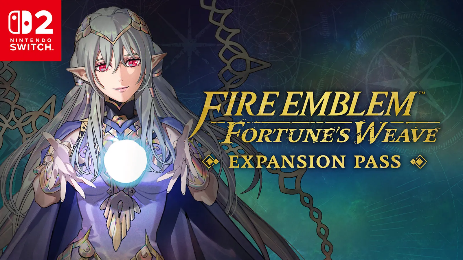 Fire Emblem: Fortune's Weave Expansion Pass key art: a silver-haired character holding a glowing orb next to the Expansion Pass logo and the Nintendo Switch 2 badge