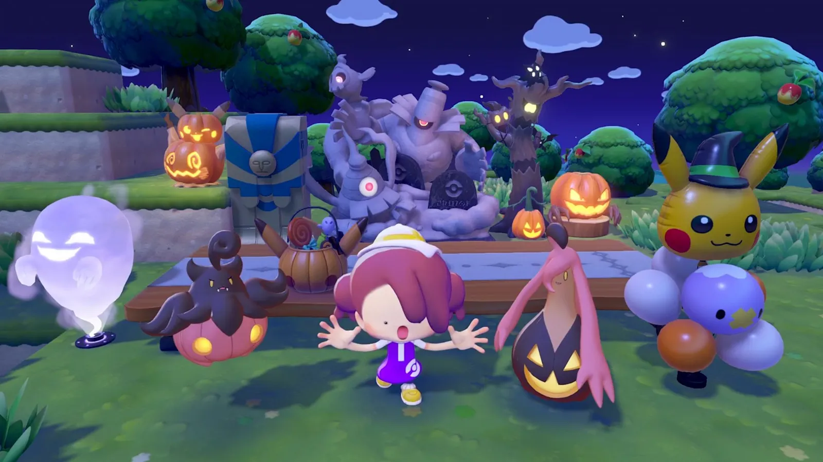 Pokémon Pokopia scene at night with a player character, Pumpkaboo, Gourgeist, jack-o'-lanterns and festival decorations
