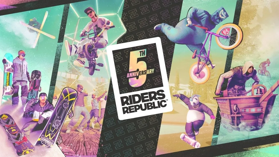 Riders Republic fifth anniversary key art: skiers, snowboarders, BMX riders and costumed characters around a 5th Anniversary logo