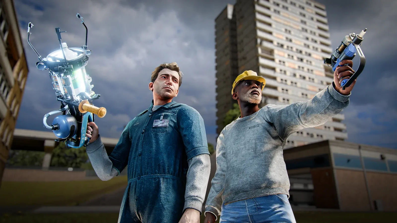 Two s&box human player models, one in blue overalls holding a glowing gadget and one in a yellow hard hat pointing a tool, in front of a concrete tower block