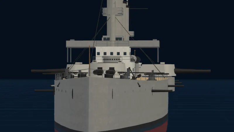 In-game render of a grey dreadnought-era battleship seen head-on at night, its big guns turned out to both sides