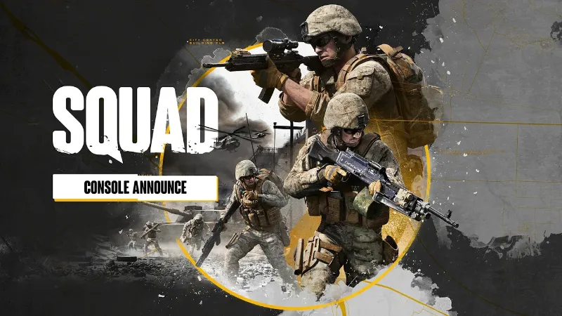 Squad console announcement key art: soldiers in desert camouflage with rifles and a machine gun beside the Squad logo and the words Console Announce