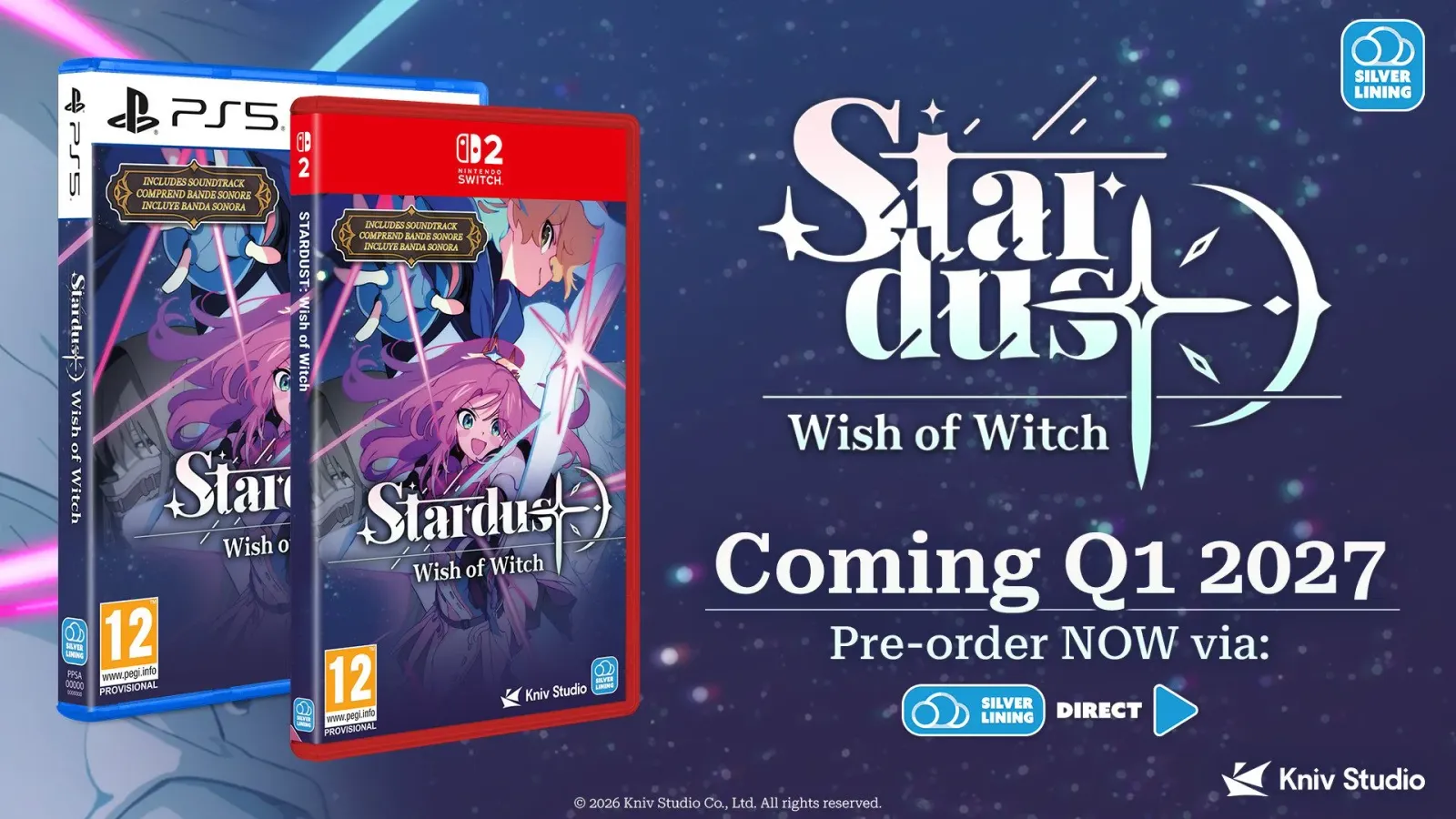 STARDUST: Wish of Witch physical editions for PS5 and Nintendo Switch 2 beside the game logo and the line Coming Q1 2027