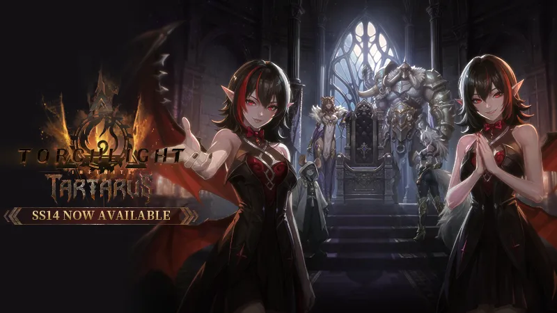 Torchlight: Infinite Tartarus season key art: two dark-haired characters in red and black in front of a throne room, with the Torchlight Tartarus logo