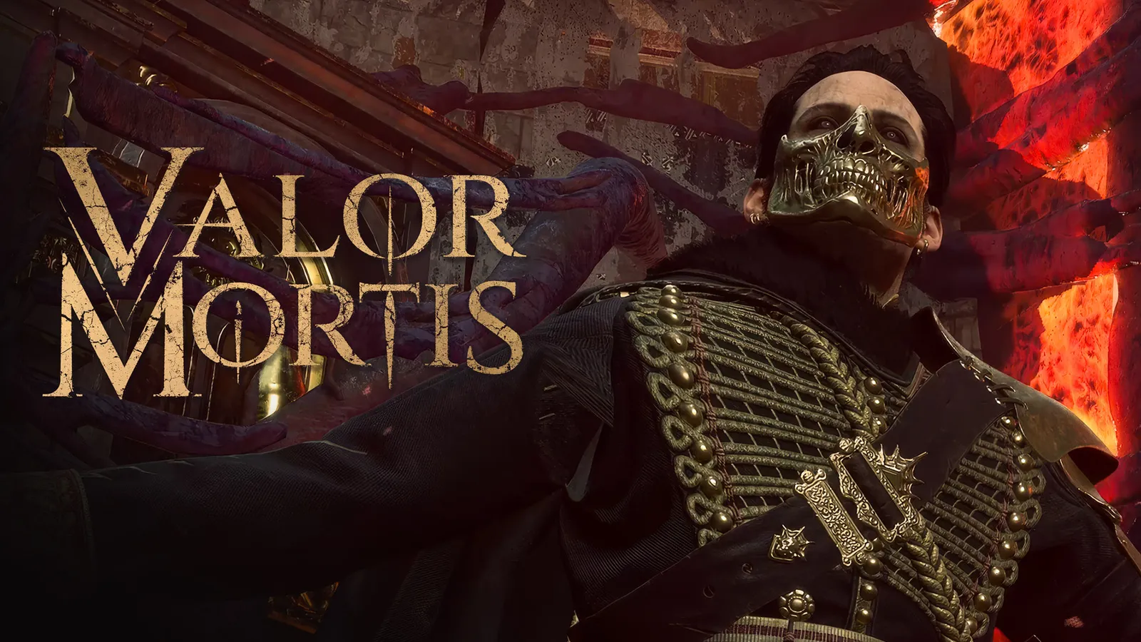 Valor Mortis key art: the masked protagonist in a Napoleonic hussar jacket beside the game's logo