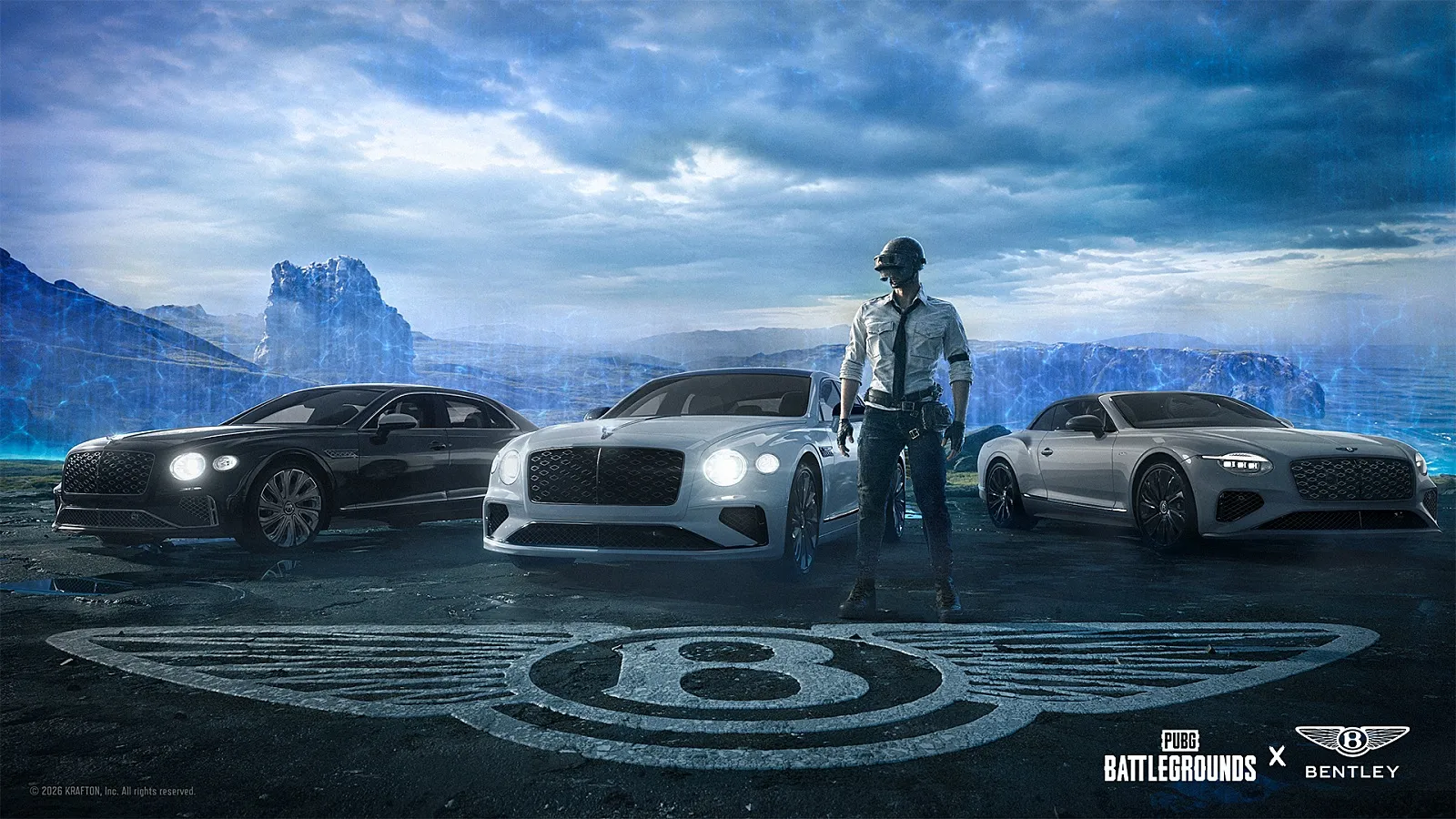 배틀그라운드 캐릭터가 벤틀리 엠블럼 위에서 벤틀리 차량 3대 앞에 서 있는 'PUBG: BATTLEGROUNDS X BENTLEY' 컬래버레이션 이미지